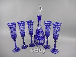 6pc Set EGERMANN Bohemian Cut to Clear Cobalt Blue Decanter w 5 Champagne Flutes