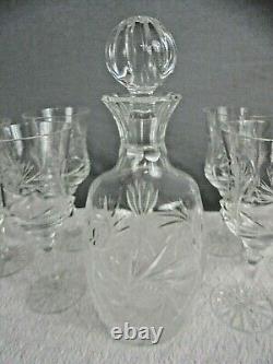 7pc Bohemian Czech Crystal Deep Cut Pinwheel Decanter & Stemmed Wine Glass Set