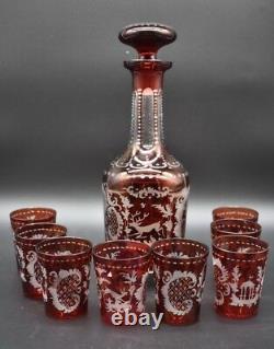 (9pc) Egermann Cut Crystal Cased Ruby Cut To Clear Whiskey Decanter Set (EGC4)