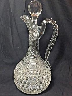 ABCG Hawkes American Brilliant cut glass Hobnail pattern handled decanter and st