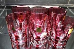 AJKA Bleikristall CRANBERRY CASED CUT TO CLEAR CRYSTAL WHISKEY LOW BALL Set of 6