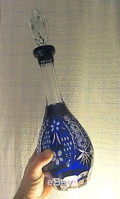 AJKA MARSALA Crystal Cobalt Blue Cut To Clear BIG 16 Decanter Bottle HUNGARY XC