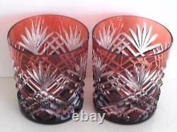 AJKA RUBY RED CASED CUT TO CLEAR CRYSTAL WHISKEY DOF SCOTCH ROCKS Set of 2