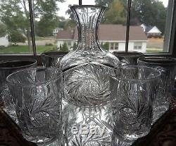 ANTIQUE ABP AMERICAN BRILLIANT CUT GLASS CARAFE WATER/WINE DECANTER with6 TUMBLERS