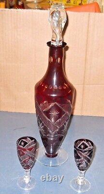 ANTIQUE BOHEMIAN RUBY RED CUT TO RED DECANTER SET ca. 1870-1900