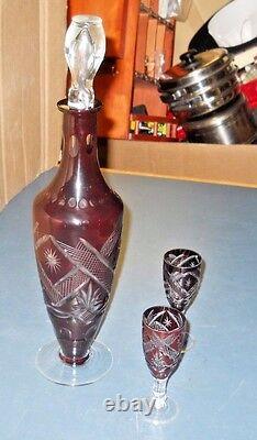 ANTIQUE BOHEMIAN RUBY RED CUT TO RED DECANTER SET ca. 1870-1900