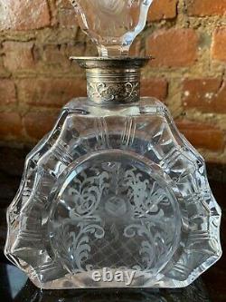ANTIQUE CUT CRYSTAL ETCHED FACETED DECANTER STERLING SILVER GERMANY Art Deco