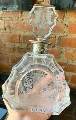 ANTIQUE CUT CRYSTAL ETCHED FACETED DECANTER STERLING SILVER GERMANY Art Deco