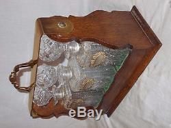 Antique Edwardian Oak 3 Cut Glass Bottle Decanters Tantalus