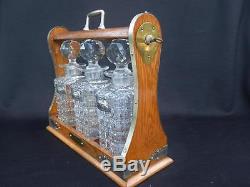 Antique Oak Tantalus W Key 3 Cut Glass Decanters & Stieff Sterling Liquor Tags