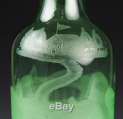 Antique Old Hawkes Cut Etched Glass Bottle Decanter Sterling Top Golf Golfers