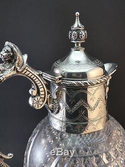 ANTIQUE ORNATE 19thC VICTORIAN SILVER PLATED & CUT GLASS CLARET JUG DECANTER