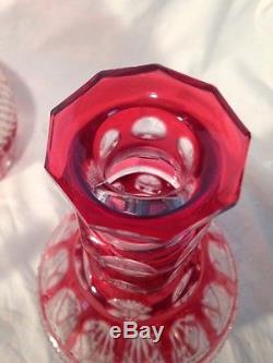 ANTIQUE PAIR OF RED CUT-TO-CLEAR CRYSTAL 2 WINE/LIQUOR Glass DECANTERS