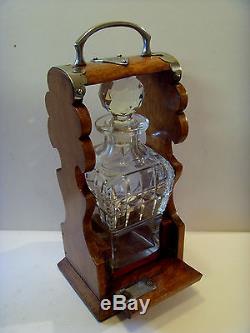 Antique Single Oak Locking Tantalus With Cut Glass Spirit Decanter