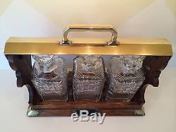 Antique Tantalus Oak Brass (3) Cut Glass Liquor Decanters In Locking Caddy