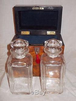 Antique Victorian Boxed Cased Burr Walnut Campaign Tantalus Cut Glass Decanters