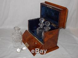 Antique Victorian Burr Walnut Box Cabinet Tantalus Original Cut Glass Decanters
