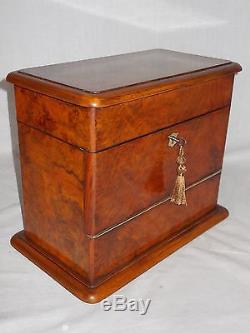 Antique Victorian Burr Walnut Box Cabinet Tantalus Original Cut Glass Decanters