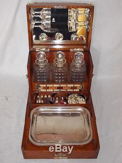 Antique Victorian Oak Games Compendium Box Cabinet Tantalus 3 Glass Decanters