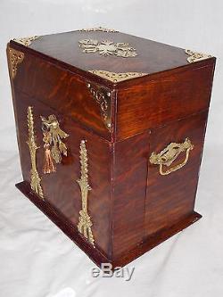 Antique Victorian Oak Games Compendium Box Cabinet Tantalus 3 Glass Decanters