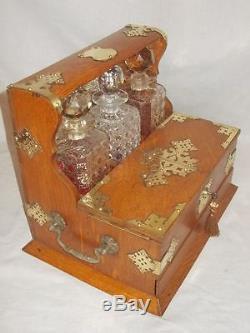 Antique Victorian Oak Games Compendium Tantalus 3 Cut Glass Hobnail Decanters
