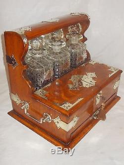 Antique Victorian Oak Games Compendium Tantalus 3 Cut Glass Hobnail Decanters