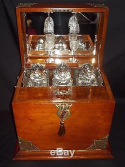 Antique Victorian Solid Mahogany Gaming Tantalus Cabinet Cut Glass Decanters
