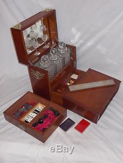 Antique Victorian Solid Mahogany Gaming Tantalus Cabinet Cut Glass Decanters