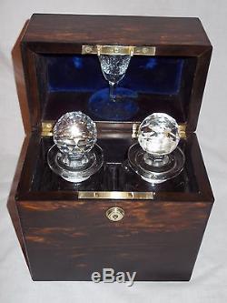 ANTIQUE VICTORIAN c1870 COROMANDEL CALAMANDER 2 GLASS DECANTER TANTALUS CASE BOX