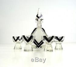ART DECO BOHEMIAN GEOMETRIC GLASS CUT WHISKY DECANTER & GlLASSES BY KARL PALDA