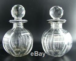 ART DECO Baccarat Decanter Pair Cut Crystal Sterling Silver Collared Signed 1930