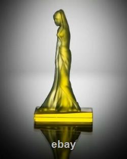 ART DECO Crystal Large Statue Woman Czech Bohemian Hand Cut Glass Uranium Yellow
