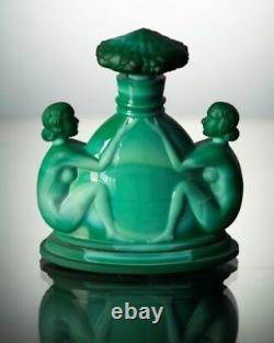 ART DECO Glass Flacon Jade Czech Bohemian Perfume Bottle Hand Cut Nude Women