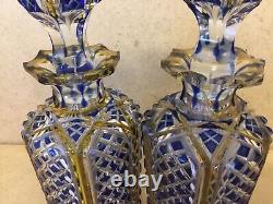 A Pair Of Nice Looking Antique 19th Small Blue Yellow Cut To Clear Decanters