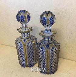 A Pair Of Nice Looking Antique 19th Small Blue Yellow Cut To Clear Decanters