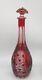 Ajka Bohemian Cranberry Cut To Clear Glass Decanter, Paneled, 11.5, Vintage