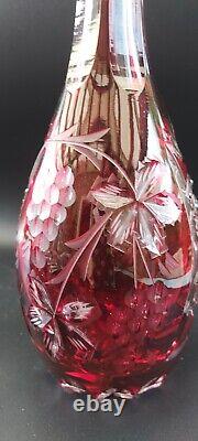 Ajka Bohemian Cranberry Cut to Clear Glass Decanter, Paneled, 11.5, Vintage
