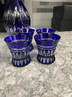 Ajka Castille Alberga Crystal Cobalt Blue Cut Decanter And 4 Shot Glasses