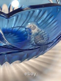 Ajka Hungary Blue Cased Cut to Clear Crystal Humming Bird Bowl With Label #57/500