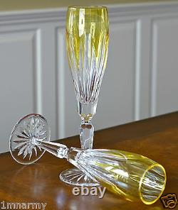 Ajka Lausanne Flutes Glasses, Yellow Cased Cut To Clear Crystal Pair