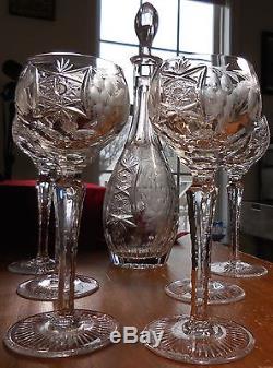Ajka Marsala Clear Cut Crystal Decanter 6 Tall Wine Glasses Nachtmann Traube