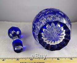 Ajka Marsala Cobalt Blue Cut to Clear Cased Bohemian Glass Decanter & 5 Cordials