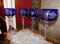 Ajka Marsala Cut to Clear Cobalt Blue Crystal Decanter Plus 4 Wine Hocks Glasses