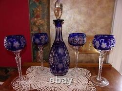 Ajka Marsala Cut to Clear Cobalt Blue Crystal Decanter Plus 4 Wine Hocks Glasses