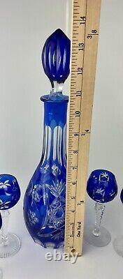 Ajka Marsala Cut to Clear Cobalt Blue Crystal Decanter with 5 Cordials