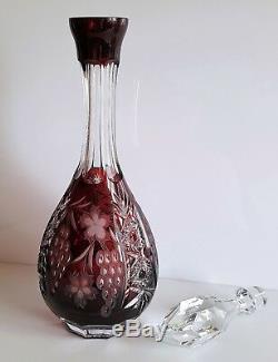 Ajka Marsala Ruby Red Cased Cut To Clear Decanter + Stopper, Brand New, Signed