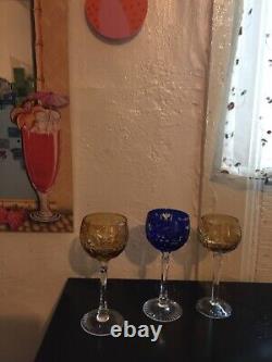 Ajka Marsala Yellow & Blue Cut To Clear Crystal Wine Glasses, New Condition