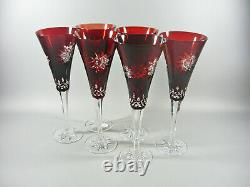 Ajka Star Ruby Red Cased Cut To Clear Crystal Champagne Flutes Set Of 6