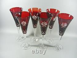 Ajka Star Ruby Red Cased Cut To Clear Crystal Champagne Flutes Set Of 6