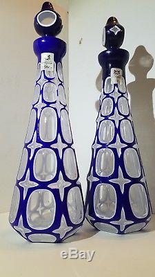 Ajka Wine Decanters, Clear Cased in Cobalt Blue, Cut to Clear